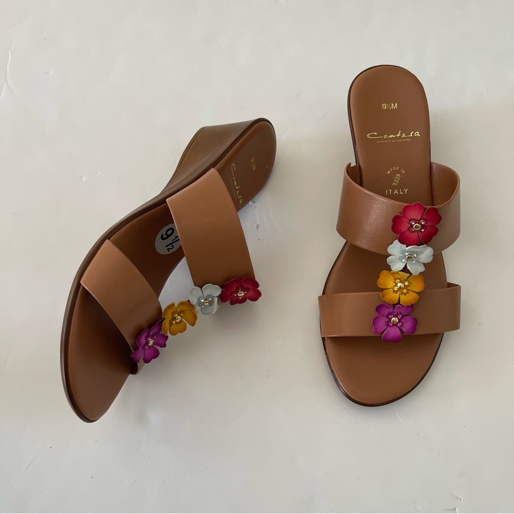Comtesa by Italian Shoe-makers Brown Floral Detail Leather Open-toe Wedge Shoes